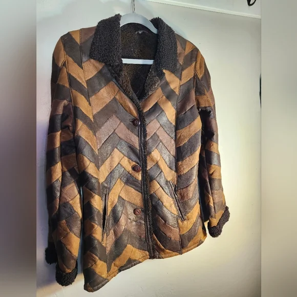Echtes Leder Rare 70's Chevron Patterned with Sharpa Lining Boho Sz M
